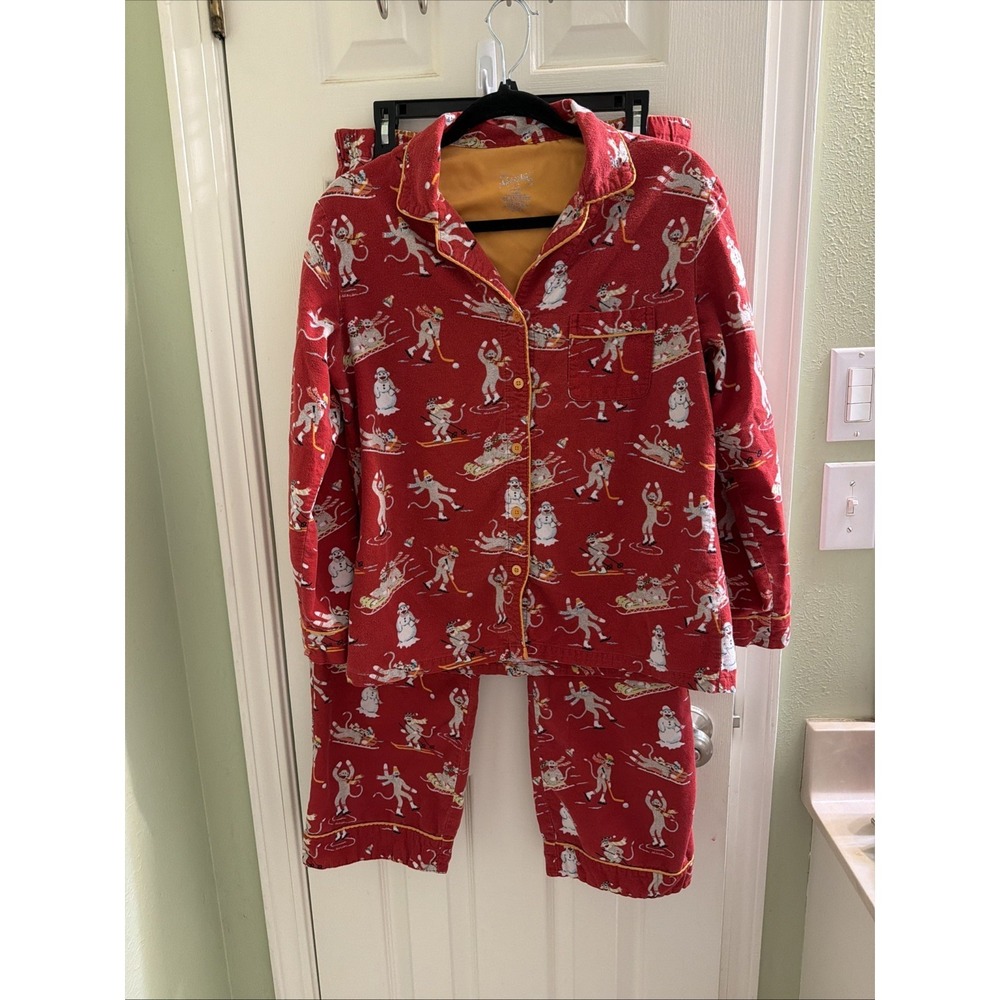 NICK & NORA DOWNHILL MONKEYS COTTON Flannel Pajama Set Red Sock Monkey Ski M